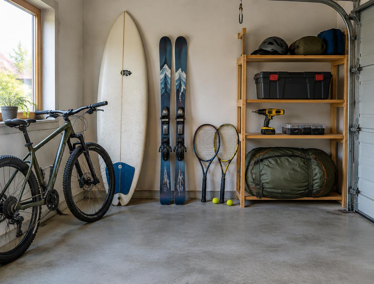 VTT, planche de surf, skis, raquettes, perceuse et tente — illustration